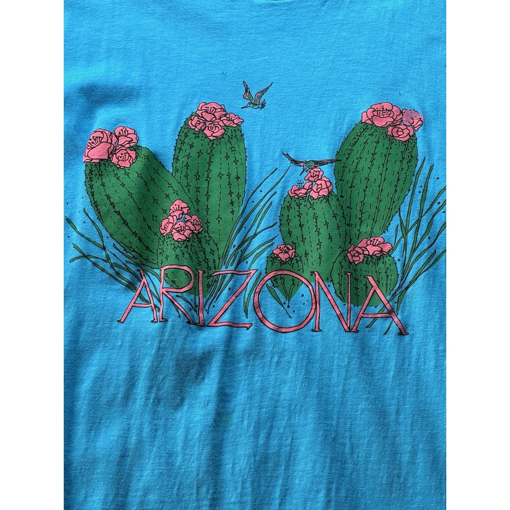 Vintage Arizona Blue T Shirt 90s XL Cactus Puff Print Crewneck Single Stitch - Picture 2 of 8